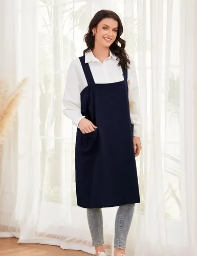 Miniatura 5 de Schine Pinafore de algodón con espalda cruzada para mujer, con bolsillos grandes, prácticos delantales para trabajos de jardinería, cocina, marino