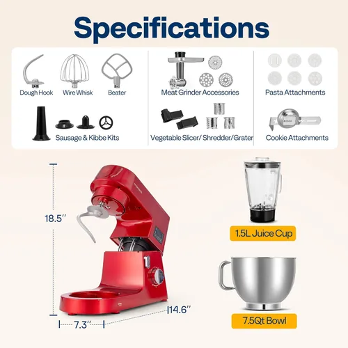 Miniatura 8 de VIVOHOME Mezclador de pie multifuncional 9 en 1 con fermentación, mezclador eléctrico de cocina de 6 velocidades y 7 cuartos con temporizador, Rojo