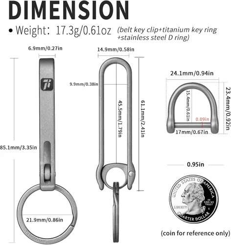 Miniatura 2 de Titanium Belt Key Holder Clip with 2/3 Inch D ring
