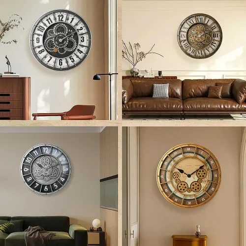 Miniatura 9 de Reloj de pared de 18 pulgadas con engranajes en movimiento, decoración industrial steampunk de gran tamaño, relojes de pared de metal antiguos