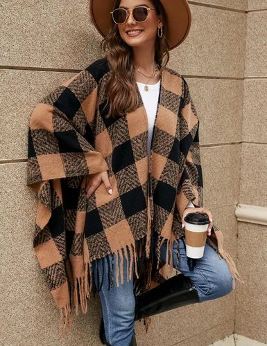 Miniatura 4 de VIMPUNEC - Pashmina estilo bohemio con patrón a cuadros para mujer, con borla.