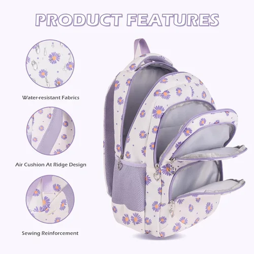 Miniatura 45 de goldwheat Mochilas impresas margaritas con paquete de almuerzo, estuche de lápices 3pcs, bolsa ligera resistente al agua para la escuela secundaria