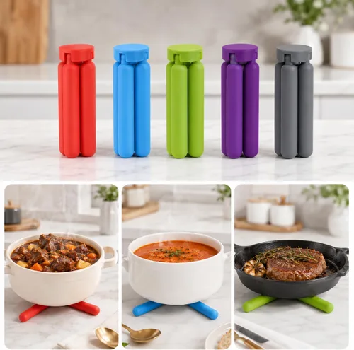 Miniatura 6 de KSENDALO Paquete de 5 salvamanteles de silicona gruesa para platos calientes, salvamanteles plegables ecológicos para ollas y sartenes calientes