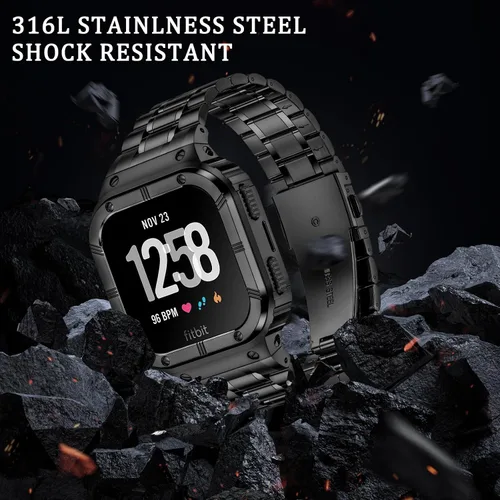 Miniatura 5 de BAITEYOU Correa de reloj de acero inoxidable con funda compatible con Fitbit Versa/Fitbit Sense Bands, pulseras de metal protectoras resistentes