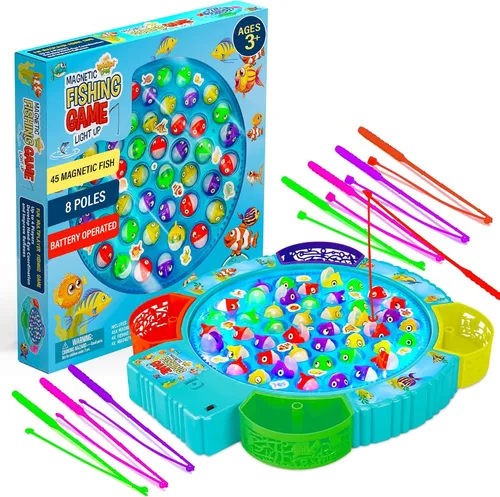 Miniatura 8 de IPIDIPI TOYS Juego de pesca para niños, 45 peces y 8 bastones, juguete magnético de peces con tablero giratorio y música, actividad de habilidad