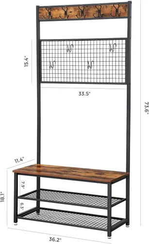Miniatura 7 de VASAGLE UHSR46BX - Perchero industrial, estante para zapatos con tablero de notas de rejilla, 9 ganchos y estantes de almacenamiento, para pasillo