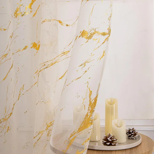 Miniatura 14 de Cortinas Transparentes Beige con Estampado de Lámina de Mármol Dorado de 63 Pulgadas de Largo para Cuarto de Bebé, Paneles de Ventana con Bolsillo