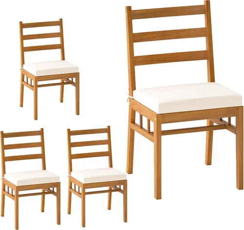 Tangkula Juego de 4 sillas de patio de madera de acacia, sillas de comedor al aire libre con cojines de asiento acolchados, fundas lavables,