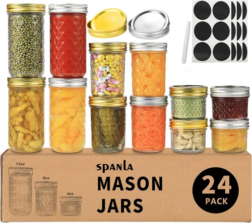 SPANLA Tarros de masón, paquete de 24 tarros de conservas con tapas regulares, ideales para mermelada, gelatina, miel, recuerdos de boda, regalos de