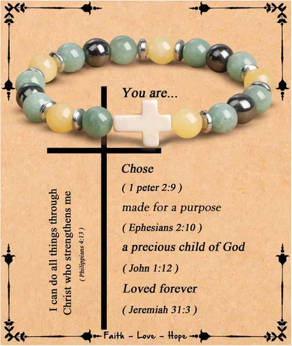 Miniatura 35 de JoycuFF Regalos Cristianos, Pulseras de Cruz para Mujeres, Joyería Cristiana Católica Religiosa de Fe de Pascua, Pulseras de Piedra Natural
