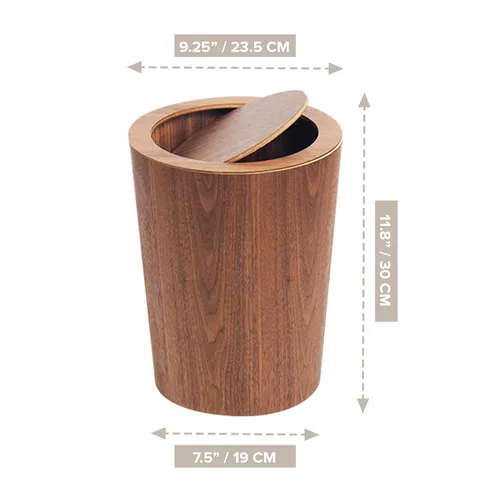 Miniatura 2 de Moderno bote de basura redondo con tapa, cesta de basura de grano de madera en nogal, 9.25 x 7.5 x 11.8 pulgadas, cubo de basura pequeño decorativo