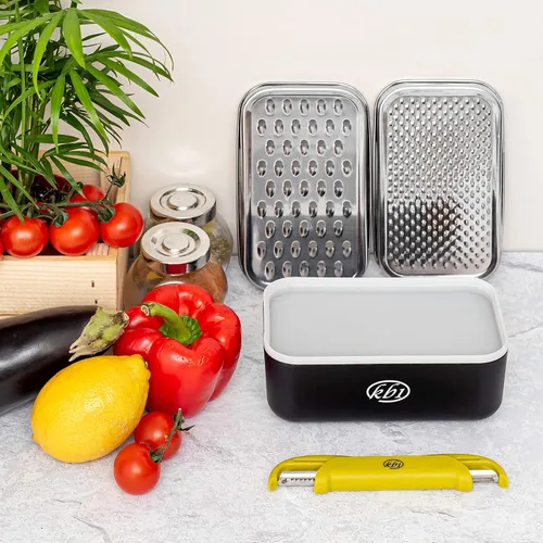 Miniatura 9 de Rallador de queso con contenedor y tapa y juego de pelador - Juego de utensilios de cocina multifuncional de acero inoxidable para verduras y frutas