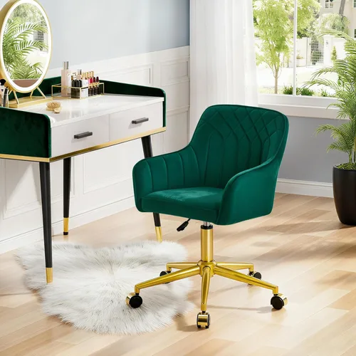 Miniatura 2 de VECELO Silla de escritorio de oficina en casa moderna de terciopelo giratoria con respaldo y ruedas, altura de asiento ajustable para niñas, Verde