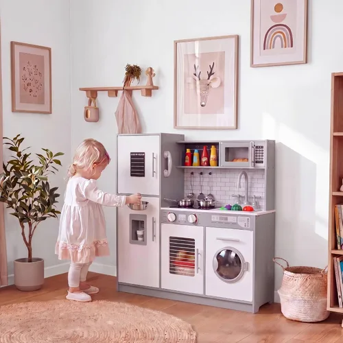 Miniatura 8 de MAMIZO Cocina de juego para niños, cocina de juguete de chef de madera de simulación con lavadora, dispensador de agua, estufa, sonido y luz reales