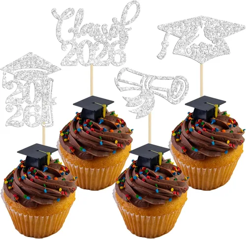 Miniatura 19 de 24 piezas 2026 decoraciones para cupcakes de graduación 2026 con purpurina clase de 2026 para graduación de graduación para felicitaciones 2026