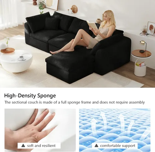 Miniatura 6 de Sofá modular de nube sin hueso de 108 pulgadas con asiento profundo para sala de estar, sofá en forma de L con otomana, tela de copo de nieve y Negro
