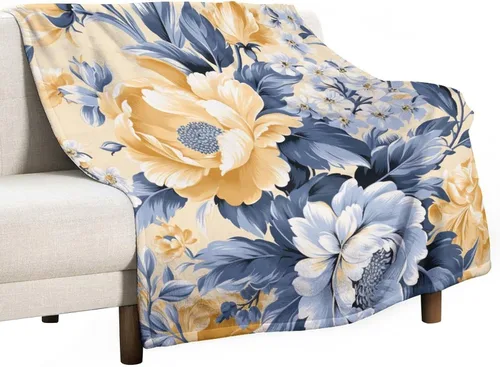 Mantas suaves y mantas para sofá, fina manta de franela de flores amarillas y azules polvorientas, manta de franela de flores amarillas y azules,