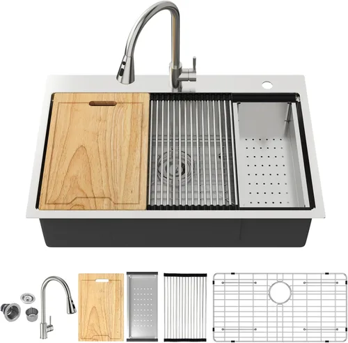 Miniatura 29 de Kichae Fregadero de Cocina de 21x20 Pulgadas, Fregadero de Barra Pequeño, Fregadero de Acero Inoxidable, Montaje Superior, Montaje Inferior