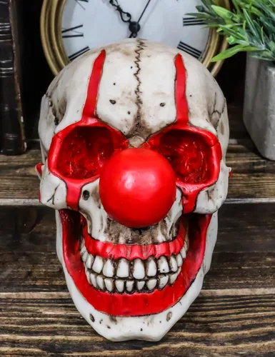 Miniatura 2 de Ebros Gift Creepy IT Jester Clown Harlequin Joker Skull with Red Nose Figurine 5" Tall Osario Macabra Calaveras y esqueletos de Halloween Escultura