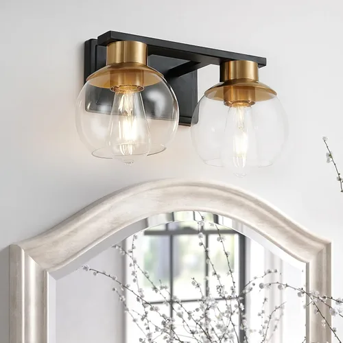 Miniatura 14 de PAZALA 2 luces de tocador, lámpara de pared de baño de latón cepillado con pantalla de vidrio esmerilado, lámpara de baño sobre espejo