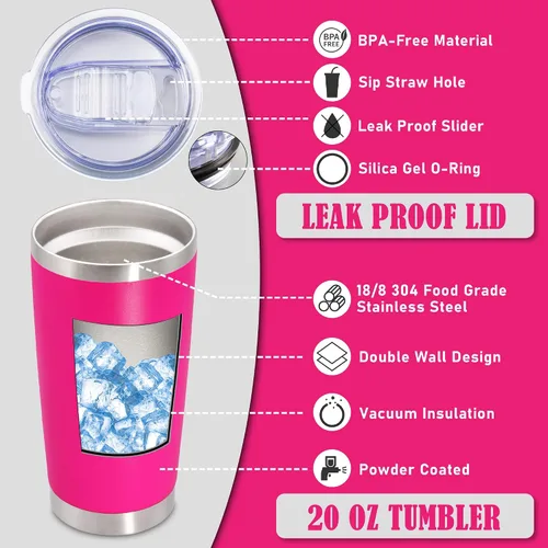 Miniatura 3 de Vaso de viaje de café de 20 onzas a granel con tapa, acero inoxidable de doble pared aislada al vacío, tazas con recubrimiento en polvo, para Rosa