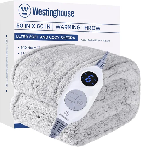 Westinghouse Manta Eléctrica Tamaño Throw, Manta Térmica de Felpa Sherpa Suave con 6 Niveles de Calefacción y 2-10 Horas de Apagado Automático, Gris
