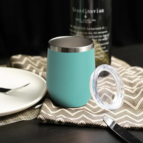 Miniatura 5 de DOMICARE - Juego de 8 vasos de vino de 12 onzas con tapa, hechos de acero inoxidable con aislamiento al vacío de doble pared, color celeste Azul