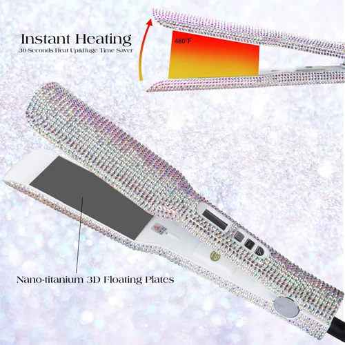 Miniatura 3 de DORISILK Crystal Diamond - Plancha de pelo de titanio, plancha plana de diamantes de imitación de 2 pulgadas, plancha alisadora de doble voltaje