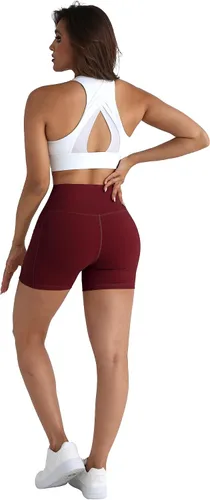 Miniatura 4 de CHRLEISURE Paquete de 4 pantalones cortos de yoga de elastano con bolsillos para mujer, pantalones cortos de entrenamiento de cintura alta