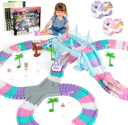 Miniatura 10 de 157 PCS Construction Race Tracks for Kids, Glow in The Dark Magic Toy Set with 360° Loop Ramp, 1 Light Up Car, 3 Construction Cars, Flexible DIY