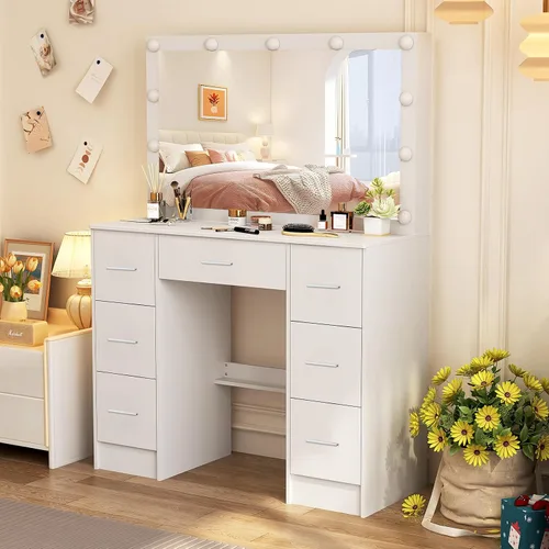 Miniatura 17 de Espejo de tocador con luces, escritorio y silla, 5 cajones y gabinete, mesa de maquillaje con espejo grande HD, 3 modos de iluminación, mesa