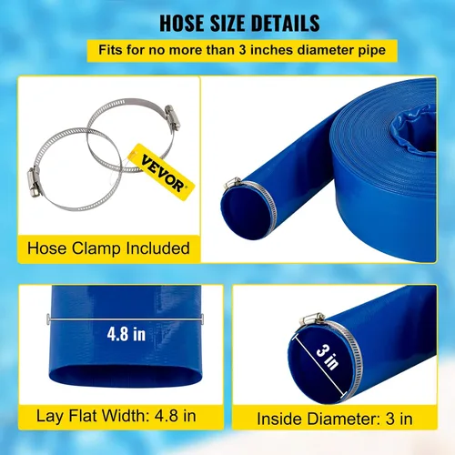 Miniatura 4 de Manguera de Descarga VEVOR, 3" x 105', Manguera de PVC Plana, Manguera de Retrolavado y Drenaje Resistente con Abrazaderas, Resistente a