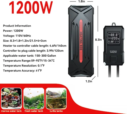 Miniatura 2 de Calentador de acuario, calentador de tanque de peces de 1200 W para agua salada y agua dulce, calentador sumergible inteligente de titanio
