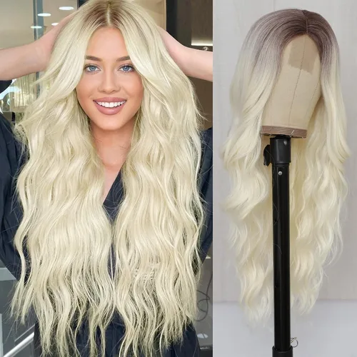 Miniatura 18 de NAYOO Peluca negra ondulada de 26 pulgadas de largo para mujer, peluca sintética de aspecto natural, fibra resistente al calor, suave y ligera, Negro