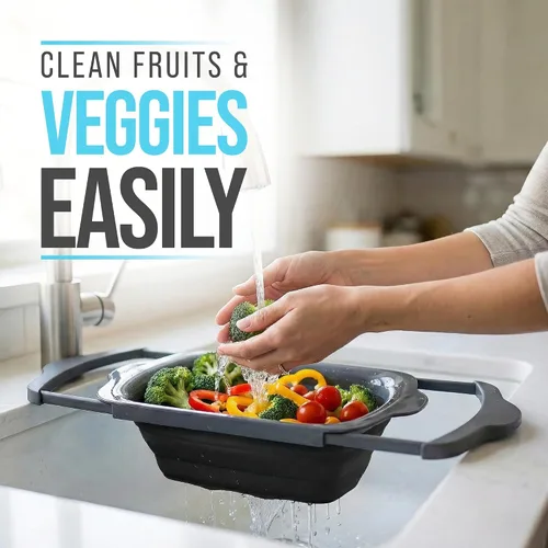 Miniatura 5 de Comfify Colador sobre el fregadero con asas, elegante colador de cocina de plástico negro para pasta, verduras y frutas, diseño que ahorra espacio