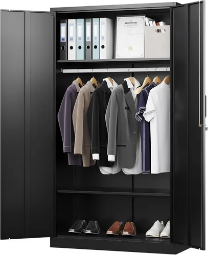 Miniatura 12 de Letaya Armario de metal con 2 cajones, armario de almacenamiento de ropa de 18 pulgadas de profundidad con puertas y estantes, armario con barra