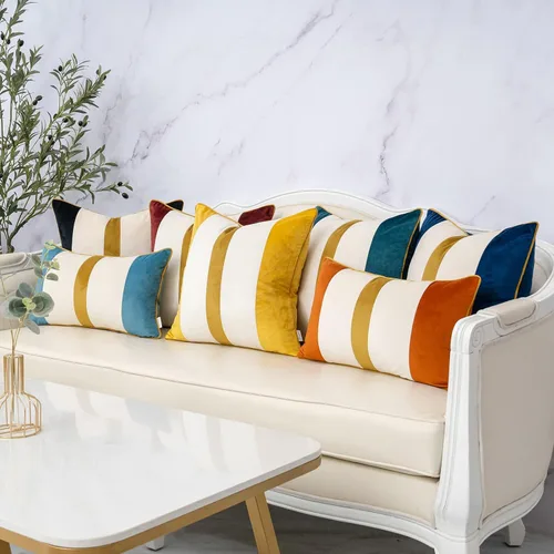 Miniatura 6 de Yangest - Funda de cojín lumbar de terciopelo a rayas, funda de cojín de retazos negros, funda de cojín moderna neutra oblonga para sofá, sillón