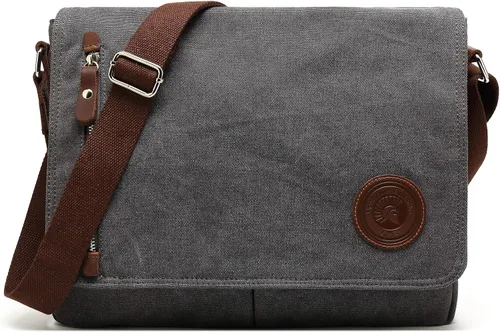 HuaChen Vintage Canvas Messenger Bag,Travel Shoulder Satchel Unisex Crossbody Purse Bookbag for 14 Inch Laptop Gris-Medium