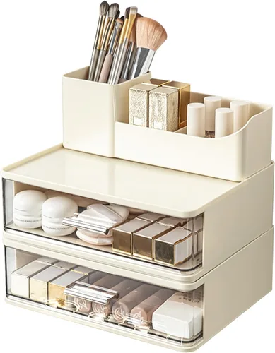 Miniatura 8 de DASITON Organizador de maquillaje para tocador con 2 cajones, organizador de cosméticos apilable con soporte para brochas de maquillaje, organizador