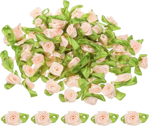 Miniatura 8 de PATIKIL Mini rosas de cinta, 200 unidades, pequeñas flores de tela de satén con adornos de hojas verdes, rosetas para manualidades, costura, boda