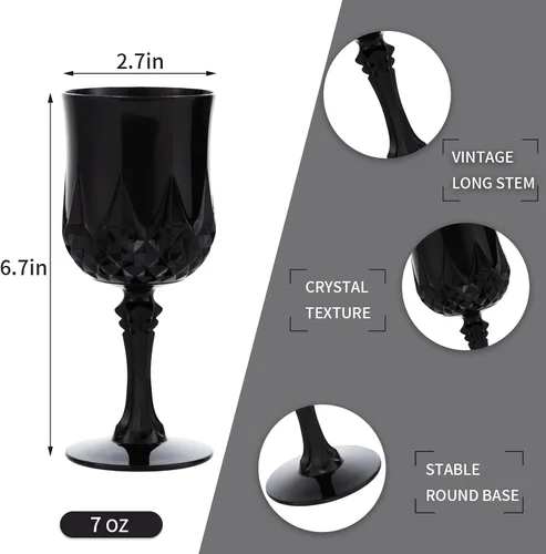 Miniatura 3 de JLYLOL Copas de Vino Vintage de Plástico 7OZ Copas de Plástico Vintage Vasos para Beber 24PCS Cristalería Retro para Bodas Copas de Agua Negro