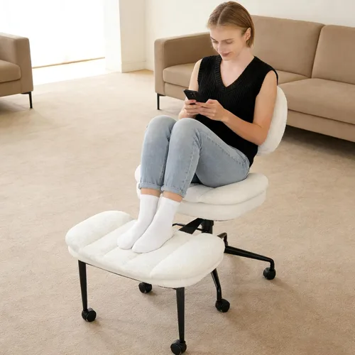 Miniatura 9 de Silla cruzada con reposapiés, silla de oficina giratoria de piel de oveja sintética de 360°, asiento extra ancho con comodidad similar al sofá, Lana