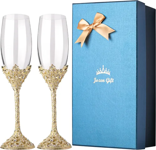 Copas de champán doradas, base de metal de cristal con piedras de cristal, juego de 2 pares de flautas de tostado, boda, aniversario, fiesta,