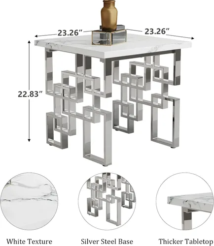 Miniatura 3 de AUZ Mesa auxiliar plateada, moderna mesa auxiliar cuadrada para sala de estar con parte superior de mármol sintético blanco y base geométrica