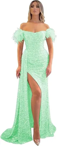 Miniatura 16 de Vestidos de fiesta de lentejuelas con hombros descubiertos, vestido formal de sirena brillante, vestido largo de fiesta de noche con abertura