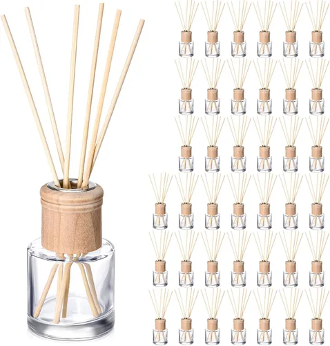 Miniatura 11 de Roshtia Juego de 2 botellas difusoras de varillas vacías recargables con fragancias de vidrio con tapas de madera, varillas de 1.7 onzas, tarros