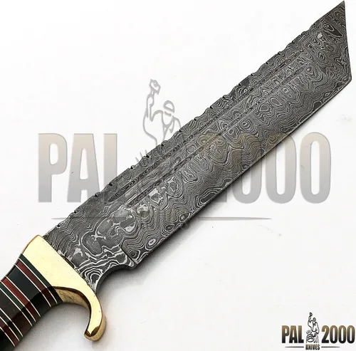 Miniatura 5 de Cuchillo de acero de Damasco hecho a mano personalizado de 15 pulgadas con mango de cuerno de búfalo hoja con funda, Sttm-9228, negro, marrón y gris