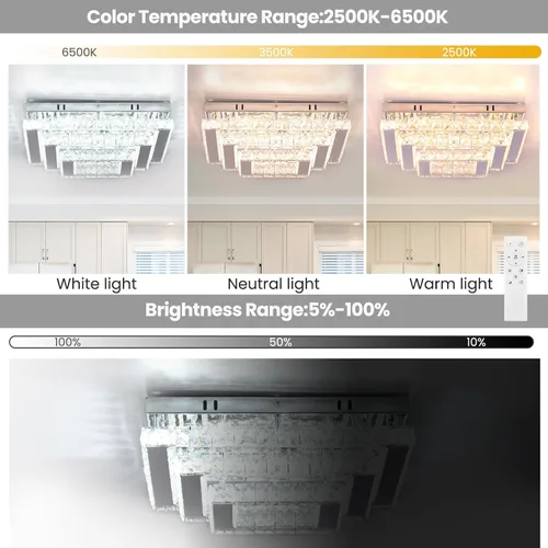 Miniatura 3 de Finktonglan Accesorio de Lámpara de Techo LED de Cristal Cuadrada Moderna, Candelabro de Cristal Regulable de 15" Luces de Techo de 3 Niveles