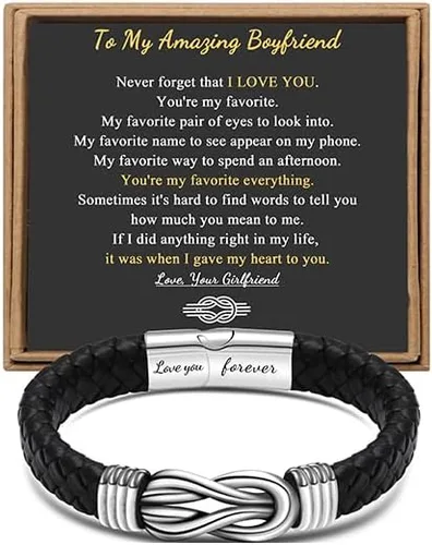 Regalo para hombres, pulsera de cuero trenzado negro con infinito para hombres, papá, marido, novio, hijo, nieto, hermano, sobrino, tío para