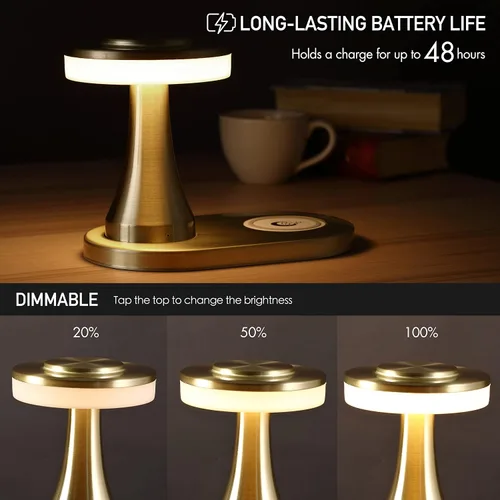 Miniatura 4 de O'Bright - Lámpara de mesa LED portátil con almohadilla de carga inalámbrica, lámpara de noche regulable y recargable, luz ambiental para Oro